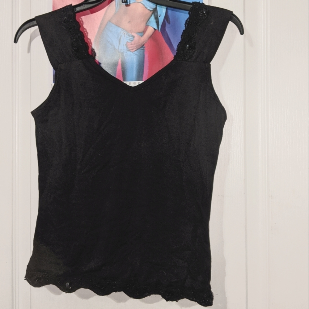 Lipstick Black With Lace Sequin Trim Cropped Sleeveless V Neck Top - Picture 2 of 5